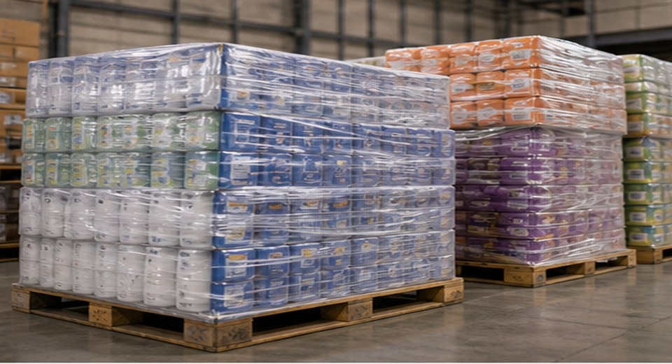 CPG wholesale pallets staged for freight pickup at a U.S. warehouse